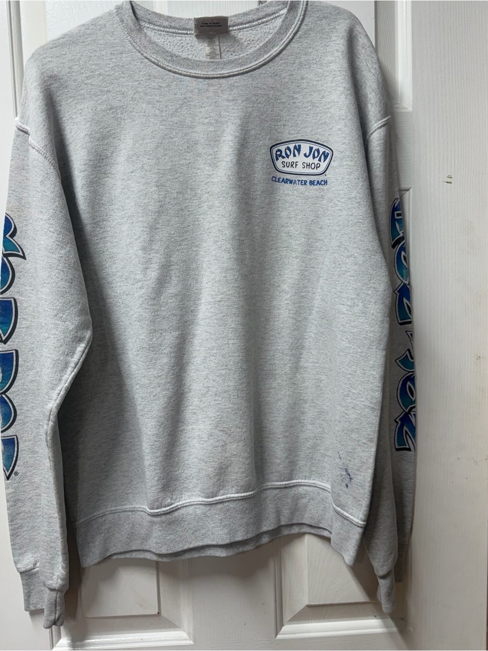 Women’s Gray Crewneck Sweater Ron Jon M has stains and cracking please see photo